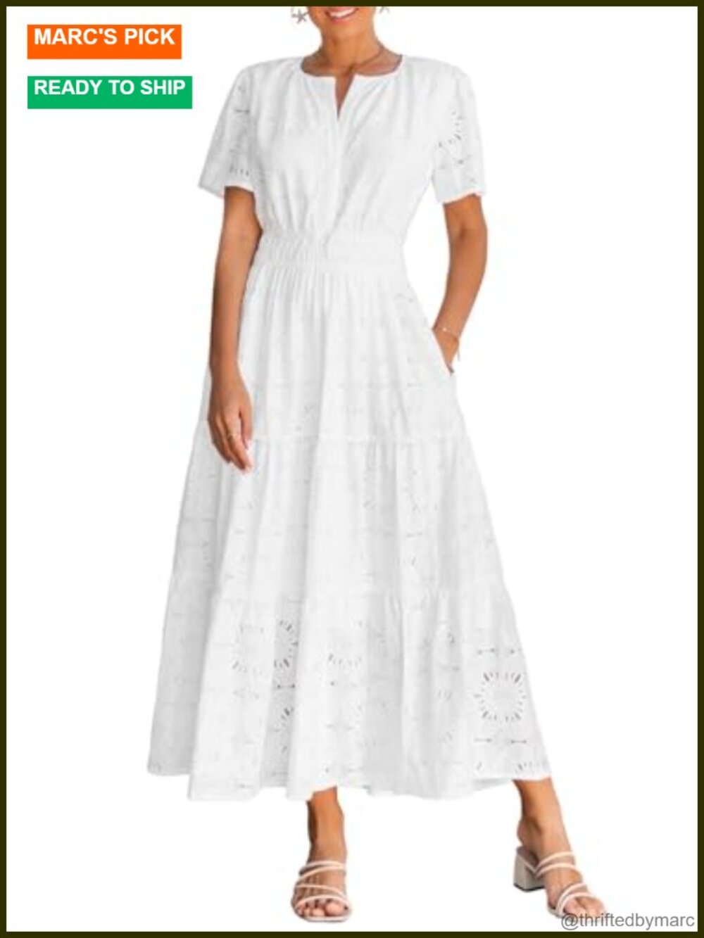 Women's Eyelet Lace Maxi Dress Short Sleeve V Neck Flowy A-Line